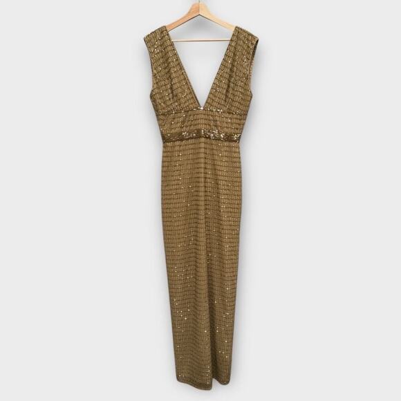 NWT Mac Duggal Gold Beaded Cap Sleeve V Neck 5625 Column Gown - Picture 3 of 13